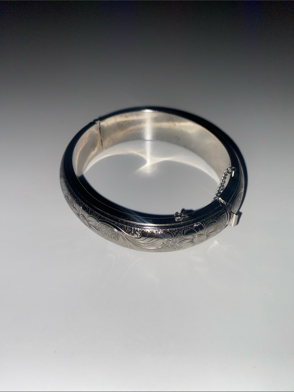 Engraved Silver Tone Hinged Bangle Bracelet